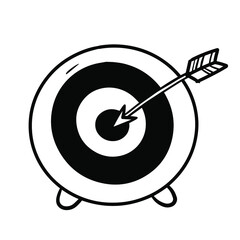 Goal table target dartboard icon with a flying arrow hand drawn vector scribble doodle sketch in a black white monochrome style. Ideal bullet journal presentation art.
