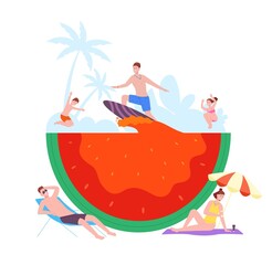 People in watermelon pool. Tiny friends with beverage cocktail swimming in watermelons juice, summer beach party funny event travel sea island concept, splendid vector illustration