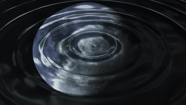 Realistic looping 3D animation of the circles on a water surface with night sky and moon reflections rendered in UHD as motion background