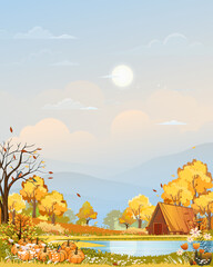 Autumn rural landscape in evening light with sunset, blue and orange sky background,Vector Cartoon fall season countryside with forest tree pumpkin on grass field with sunrise,Backdrop natural banner