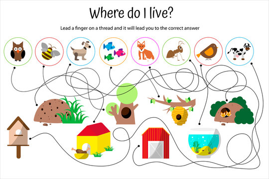 Maze game. Educational labyrinth for children. Find animal's path to its home. Where does the animal live. game for preschoolers.