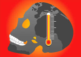 Calentamiento global. Crisis climática. Calavera con el relleno del planeta Tierra en tonos grises y un termómetro al rojo vivo © Gabrieuskal