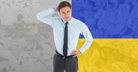 Confused caucasian businessman against ukraine flag design background - Powered by Adobe