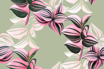 Watercolor painting colorful tropical green,pink leaves seamless pattern background.Watercolor hand drawn illustration tropical exotic leaf prints for wallpaper,textile Hawaii aloha summer style.