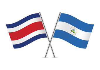 Costa Rica and the Republic of Nicaragua crossed flags. Costa Rican and Nicaraguan flags on white background. Vector icon set. Vector illustration.