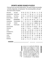 Sports word search puzzle. Suitable both for kids and adults. Answer included.

