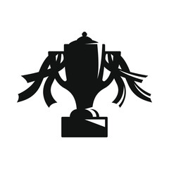 Vector black sports trophy icon for winner with ribbons and small stand