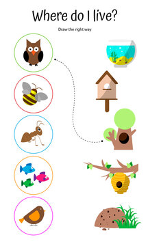 Where animal lives, find home. Educational game for preschoolers. Find way from animal to house