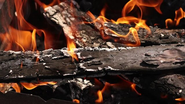 burning firewood up close. barbecue woods, flame fire, ash coals burning outdoors. smoke going up from burning wood logs, campfire orange flames