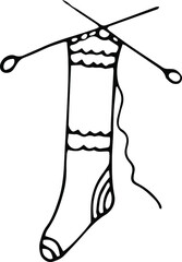 Knitted sock , hand-drawn knitted sock with needles. Hand-drawn doodles illustration knitted sock with needles.
Line art knitted sock with needles.