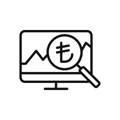 Turkish lira monitoring. Financial analysis, money research line icon isolated on white background. Vector illustration