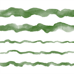 Dark, pine green watercolor vector wavy long brush strokes, uneven lines, stripes, doodle streaks. Hand drawn watercolour paint graphic design elements set, text backgrounds, templates collection.