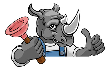 Rhino Plumber Cartoon Mascot Holding Plunger