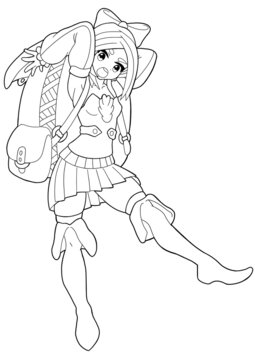 Sweet girl traveler painted in the style of Japanese comics manga. She has short hair with a bow, a huge backpack, she is in a skirt. Stockings and high boots are on your feet. Lineart 