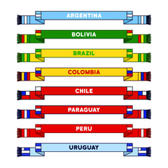 Vector sports soccer scarves in the national colors of South American states