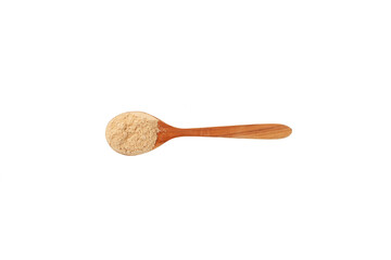 Maca gelatinized flour. Maca Powder in wooden spoon on white background. Peruvian superfood,...