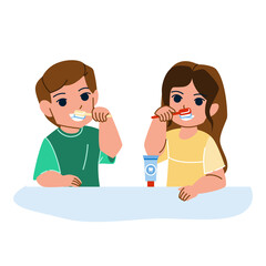 kid boy girl brushing teeth vector. toothbrush kindergarten, dental little baby, mouth care kid boy girl brushing teeth character. people flat cartoon illustration