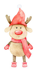 Adorable Christmas Deer on an isolated white background, watercolor illustration, cute woodland animal with scarf, hat and mittens