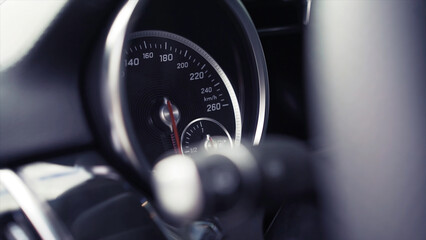 Close-up car speed dashboard of car interior. Stock. Close-up of car panel