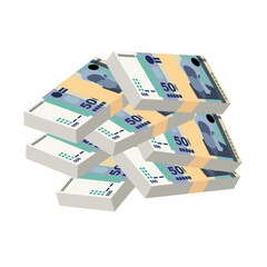 Tajik Somoni Vector Illustration. Huge packs of Tajikistan money set bundle banknotes. Paper money 500 TJS. Flat style. Isolated on white background. Simple minimal design.