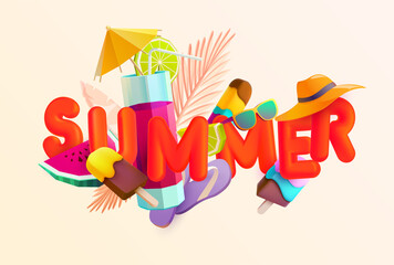 Fototapeta na wymiar Summer holiday lettering with cocktail, ice cream, and tropical leaves. Bright vector poster design.