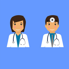 Vector flat illustrations of a doctor and nurse with stethoscope