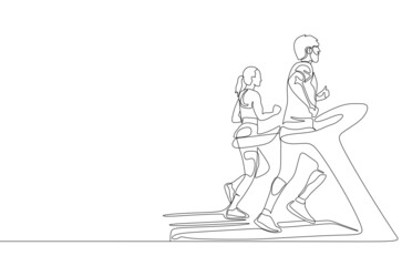Figure continuous line group of couple man and woman jogging. Concept fitness club, healthy lifestyle, lazy athletics.