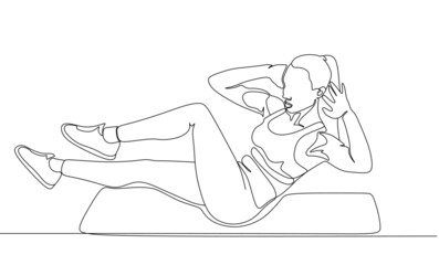 Single continuous line drawing of young sportive woman training in gym. Fitness stretching and exercises concept. One line draw design vector illustration