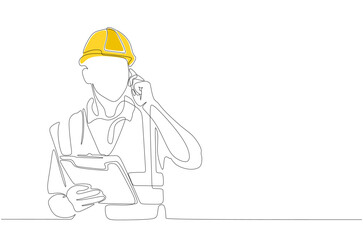 Single continuous line drawing of foreman controlling building development progress while holding clipboard and phone. Building construction service concept one line draw design illustration.