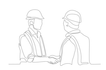 One single line drawing of young construction manager do hand shake with builder coordinator. Building architecture business concept. Continuous line draw design vector graphic illustration