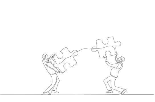 One continuous line drawing of two young businessmen push puzzle pieces to unite them as sign to start business collaboration. Modern unity teamwork concept single line draw design vector illustration