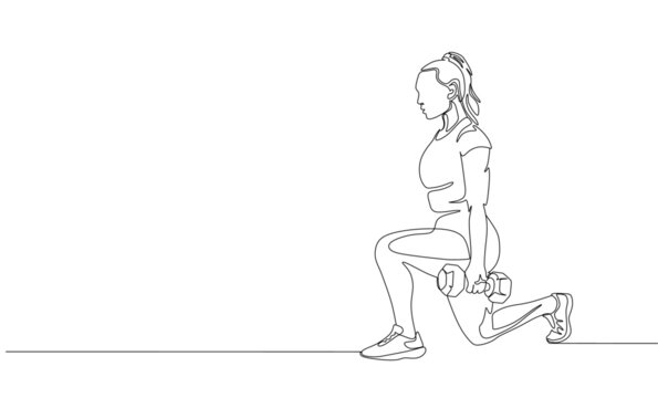 Single continuous line drawing of young sportive woman training in gym. Fitness stretching and exercises concept. One line draw design vector illustration