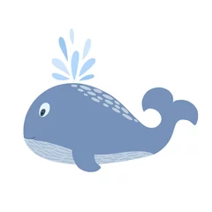 Fotobehang Schattig walvis zeedieren eenvoudige platte cartoon vectorillustratie, wilde oceaan schepsel grappig karakter voor kinderen ontwerp, kwekerij, poster, wenskaart, home decor © Contes de fée 