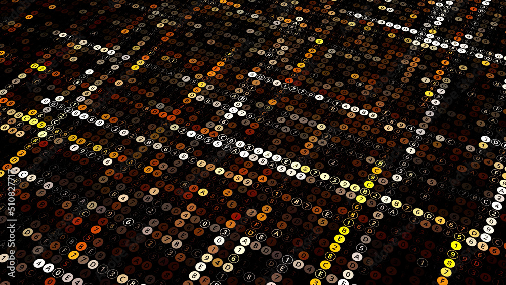 Poster randomly changing symbols inside blinking circles on black background. animation. technological wavy