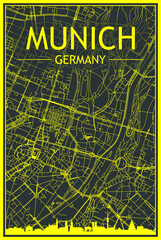 Yellow printout city poster with panoramic skyline and hand-drawn streets network on dark gray background of the downtown MUNICH, GERMANY