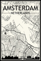 Light printout city poster with panoramic skyline and hand-drawn streets network on vintage beige background of the downtown AMSTERDAM, NETHERLANDS