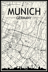 Light printout city poster with panoramic skyline and hand-drawn streets network on vintage beige background of the downtown MUNICH, GERMANY