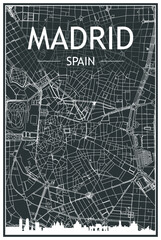 Dark printout city poster with panoramic skyline and hand-drawn streets network on dark gray background of the downtown MADRID, SPAIN