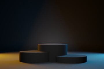 Three black cylinders pedestal for product showcase. Blach background, teal and orange light for cosmetics brand design and advertising. 3D-rendering