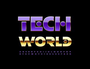 Vector bright Poster Tech World. Modern unique Font. Creative Alphabet Letters and Numbers set
