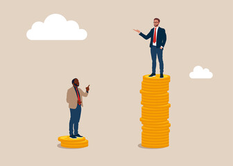 White entrepreneur standing on high salary coins tower with poor black man on low coins stack. Economic inequality, rich and poor gap, unfairness income, different money people being paid. - obrazy, fototapety, plakaty
