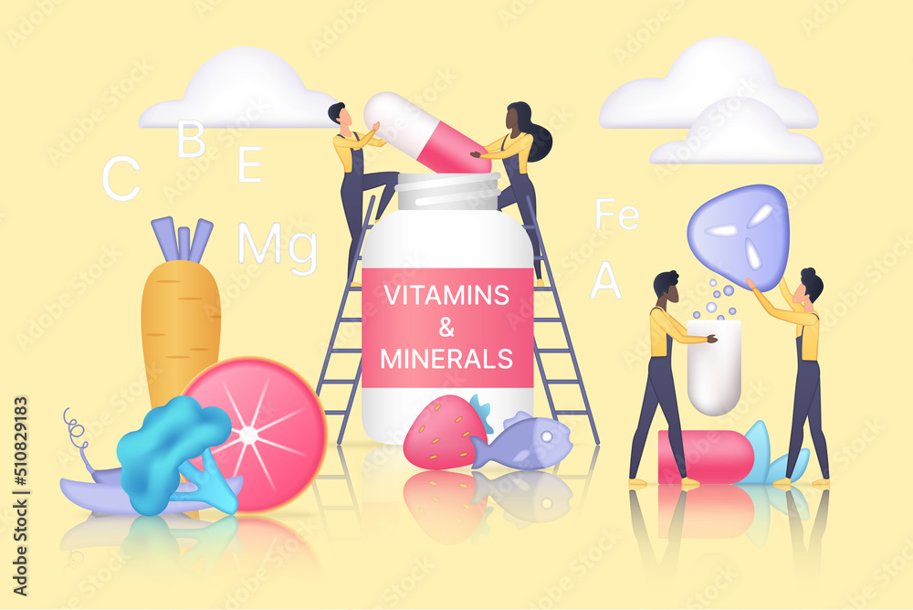 Wall mural nutrition, vitamins and food supplements for healthy diet. tiny people holding pill full of antioxid