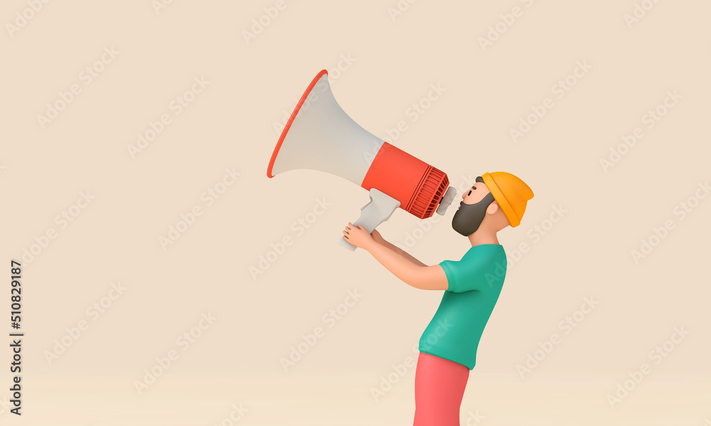 Wall mural character using a megaphone. business announcement. 3d rendering