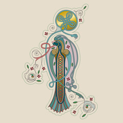 Illuminated, Medieval Initial Letter I combining animal body parts from a Dog and a Fish, tendrils and endless Celtic knot ornaments