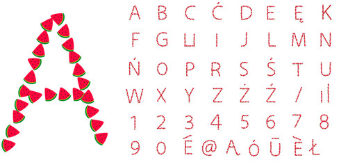 arbuz arbuzowe litery numery alfabet owocowy wiosenny czerwony owoc zdrowe jedzenie - obrazy, fototapety, plakaty