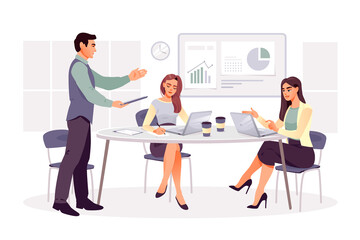 Team of people sitting at desk with laptops, working together. Business meetings, business presentation or training. Meeting of colleagues. Coworking, teamwork concept. Flat vector illustration 