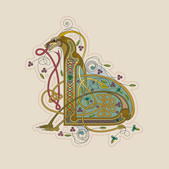 Illuminated, Medieval Initial Letter L combining animal body parts from a Lion, tendrils and endless Celtic knot ornaments