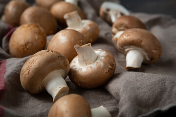 Close up of shiitake mushrooms on kitchen textile raw food