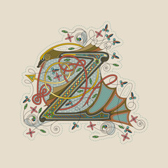 Illuminated, Medieval Initial Letter Z combining animal body parts from a Dog and a Dragon-Fish, tendrils and endless Celtic knot ornaments