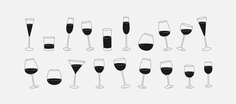 Collection of different glass and wineglass or drink cocktails. Minimal linear trendy style. Line icons for logo in restaurant or bar. Vector